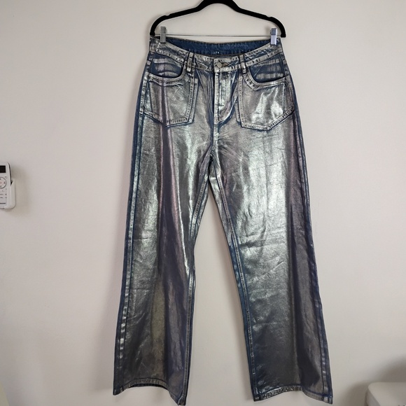SHEIN Women's Jeans Size 30 Metallic Silver High Waisted Wide Leg Patch Pockets - Picture 2 of 9